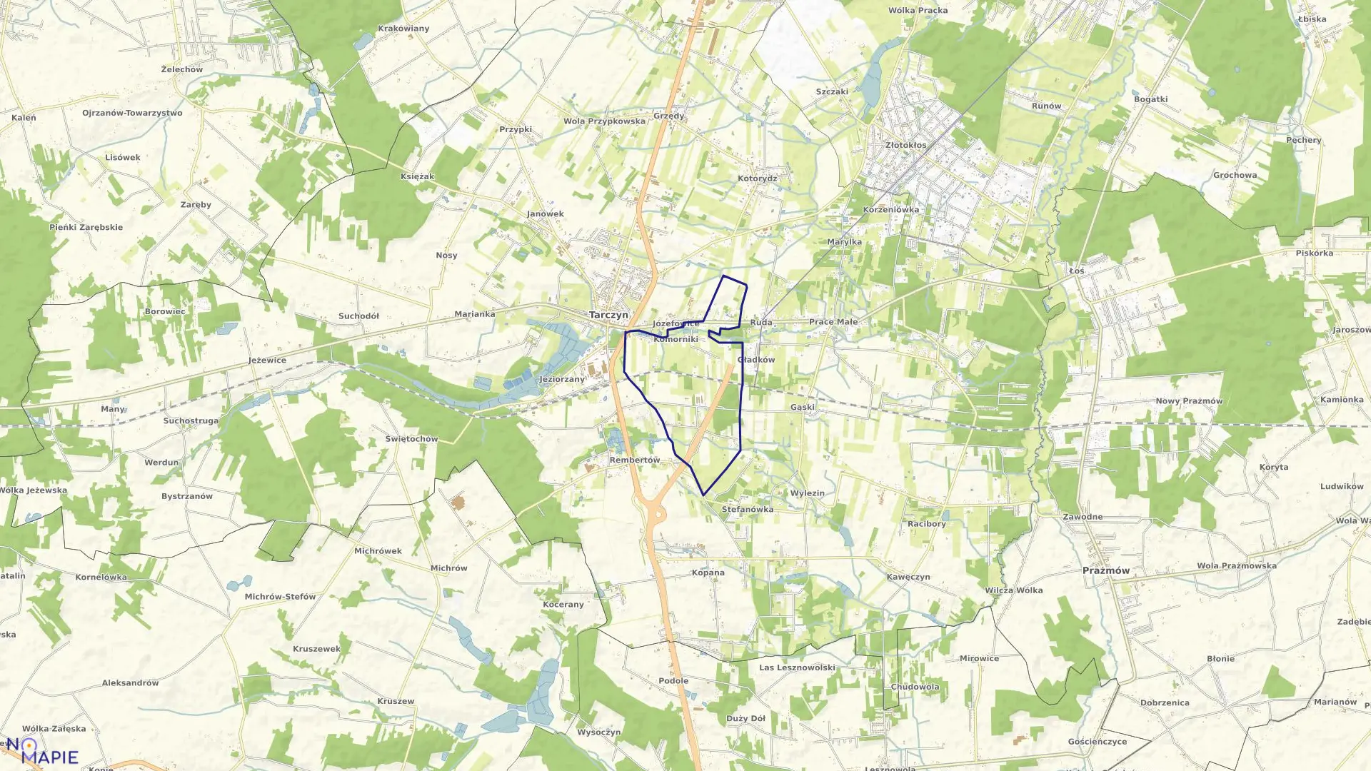 Mapa obrębu Komorniki w gminie Tarczyn