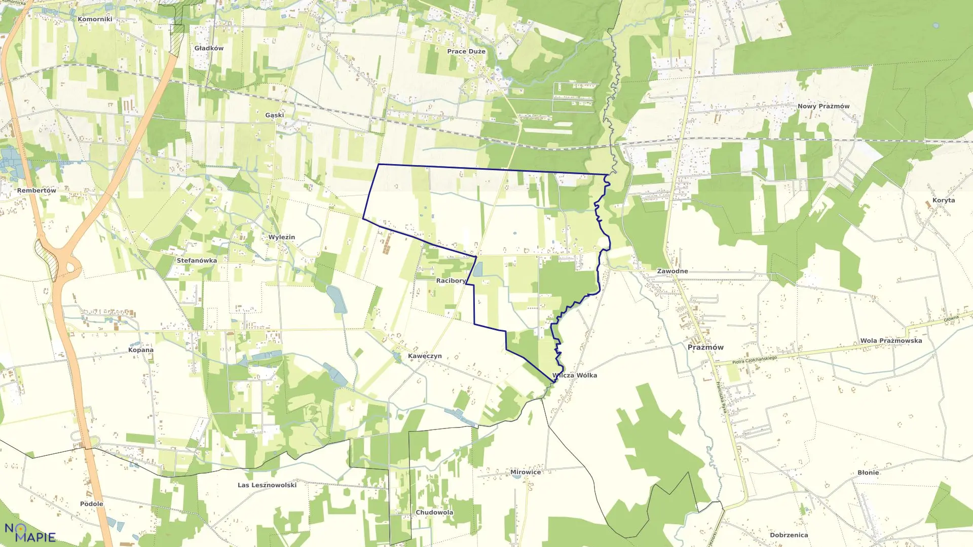 Mapa obrębu Nowe Racibory w gminie Tarczyn