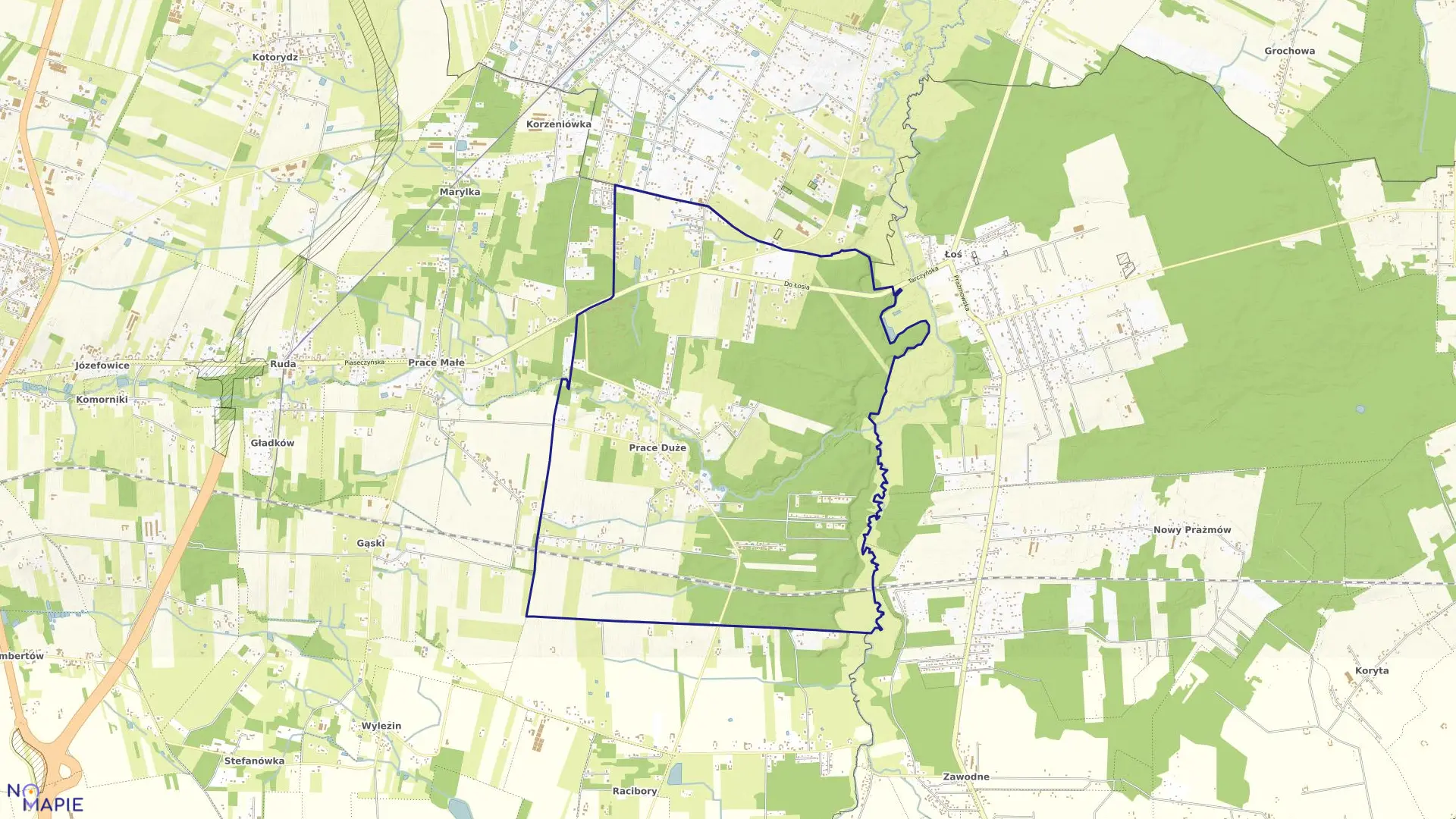 Mapa obrębu Prace Duże w gminie Tarczyn