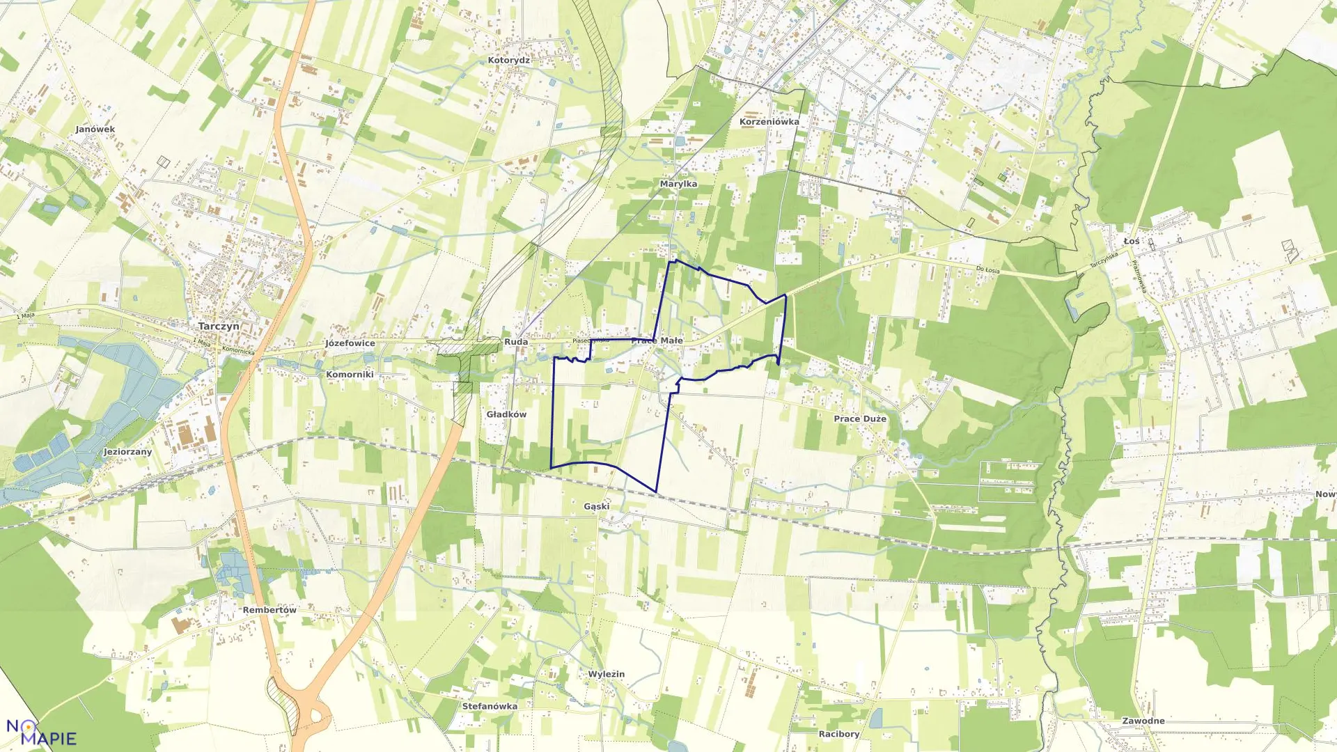 Mapa obrębu Prace Małe w gminie Tarczyn