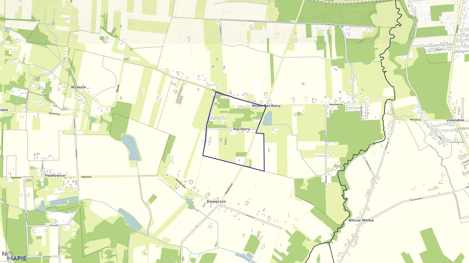 Mapa obrębu Racibory w gminie Tarczyn